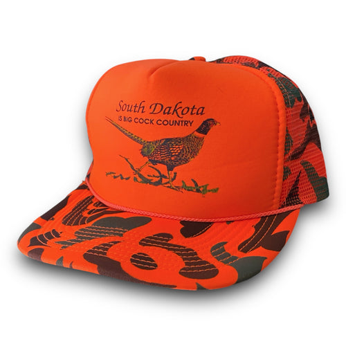 Vintage 1990s South Dakota is Big Cock Country Blaze Orange Camo Mesh Trucker Hat